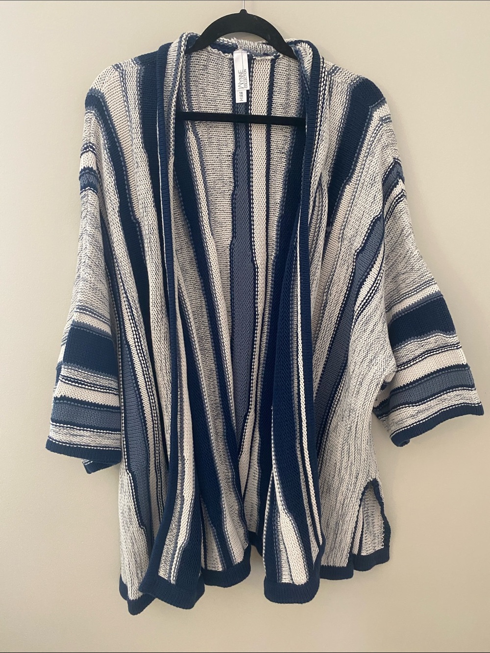 Wynne 100% Cotton Striped Open-Front Knit Cardigan Sweater - Navy & Cream